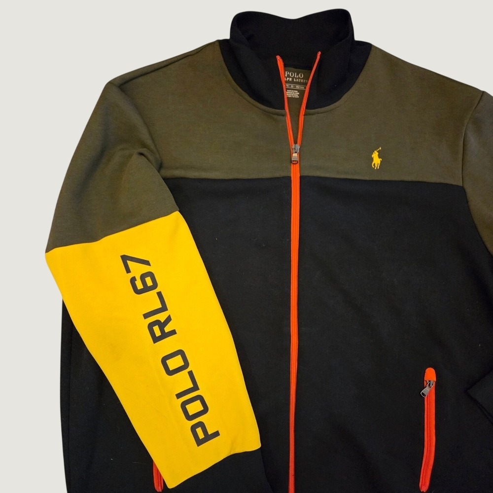 Polo Ralph Lauren RL67 Full Zip Colorblock Track Jacket Black Olive Yellow SZ XL - Picture 2 of 9